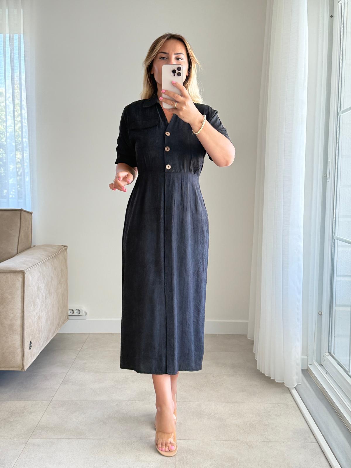 8227 Siyah Cep Detaylı Elbise