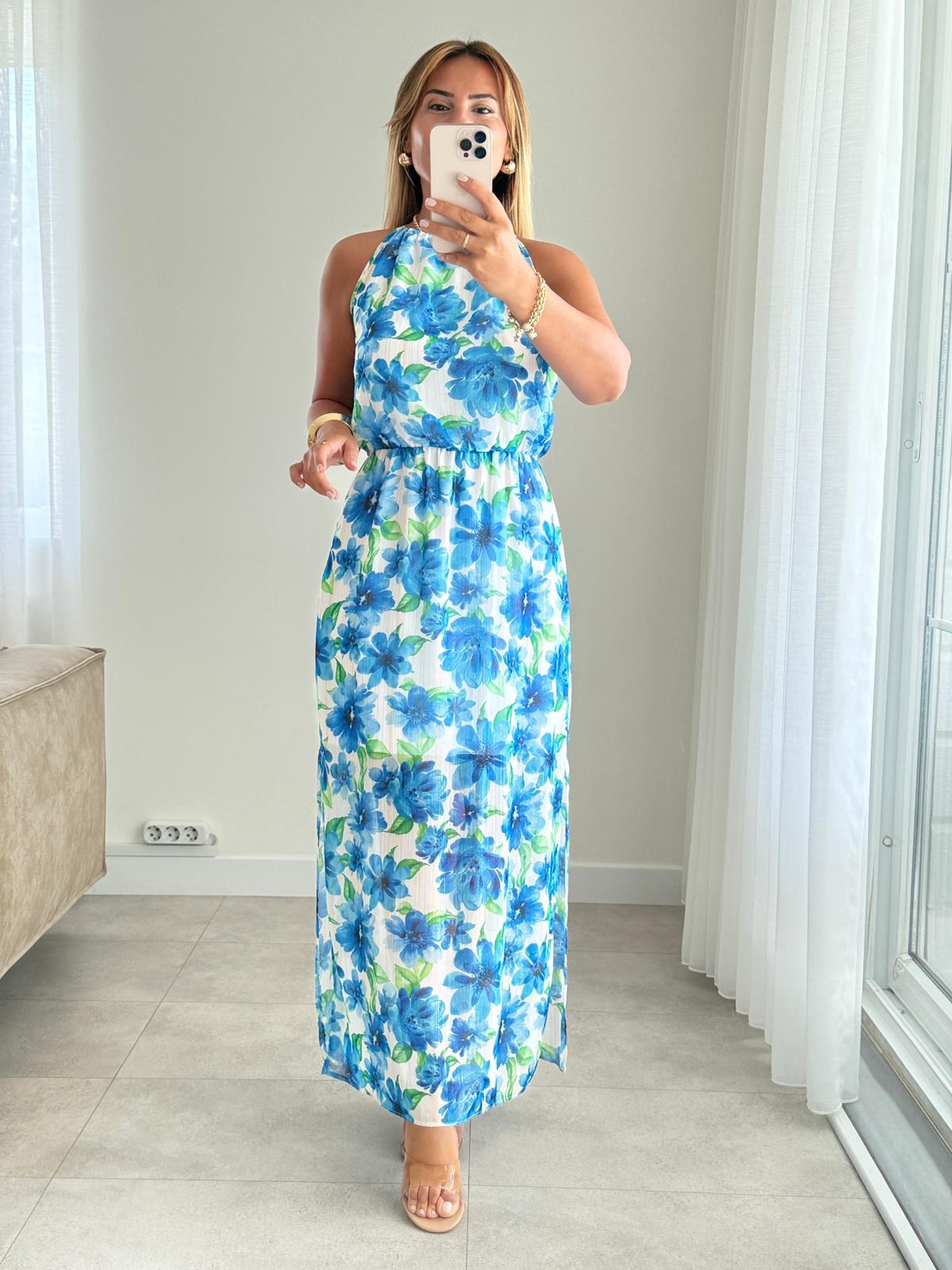 8425 Mavi Astarlı Şifon Elbise