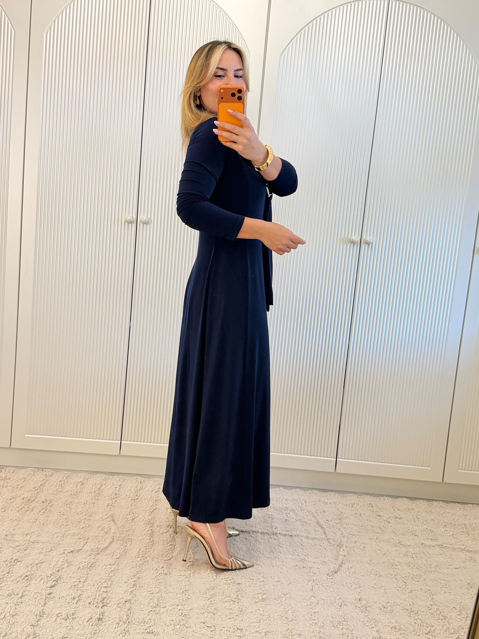 9840 Lacivert Kendinden Fularlı Elbise