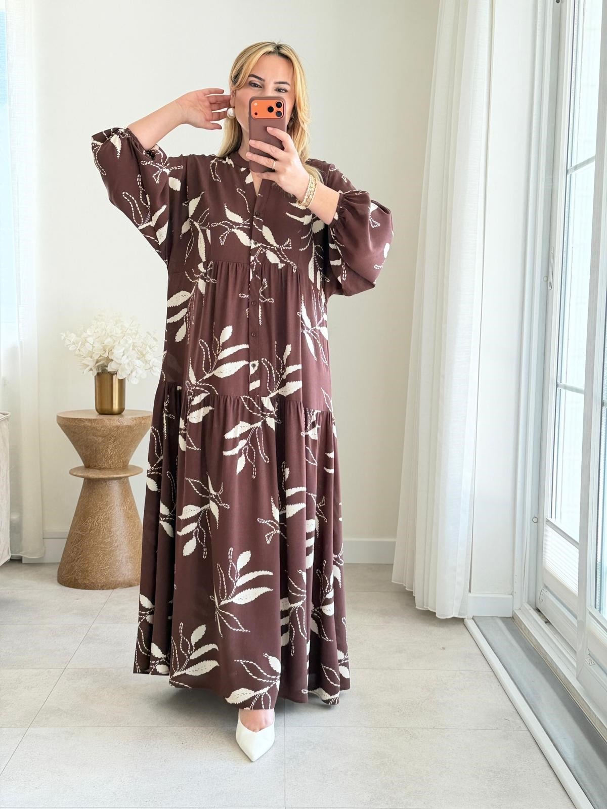 9097 Kahve Yaprak Desen Maxi Elbise