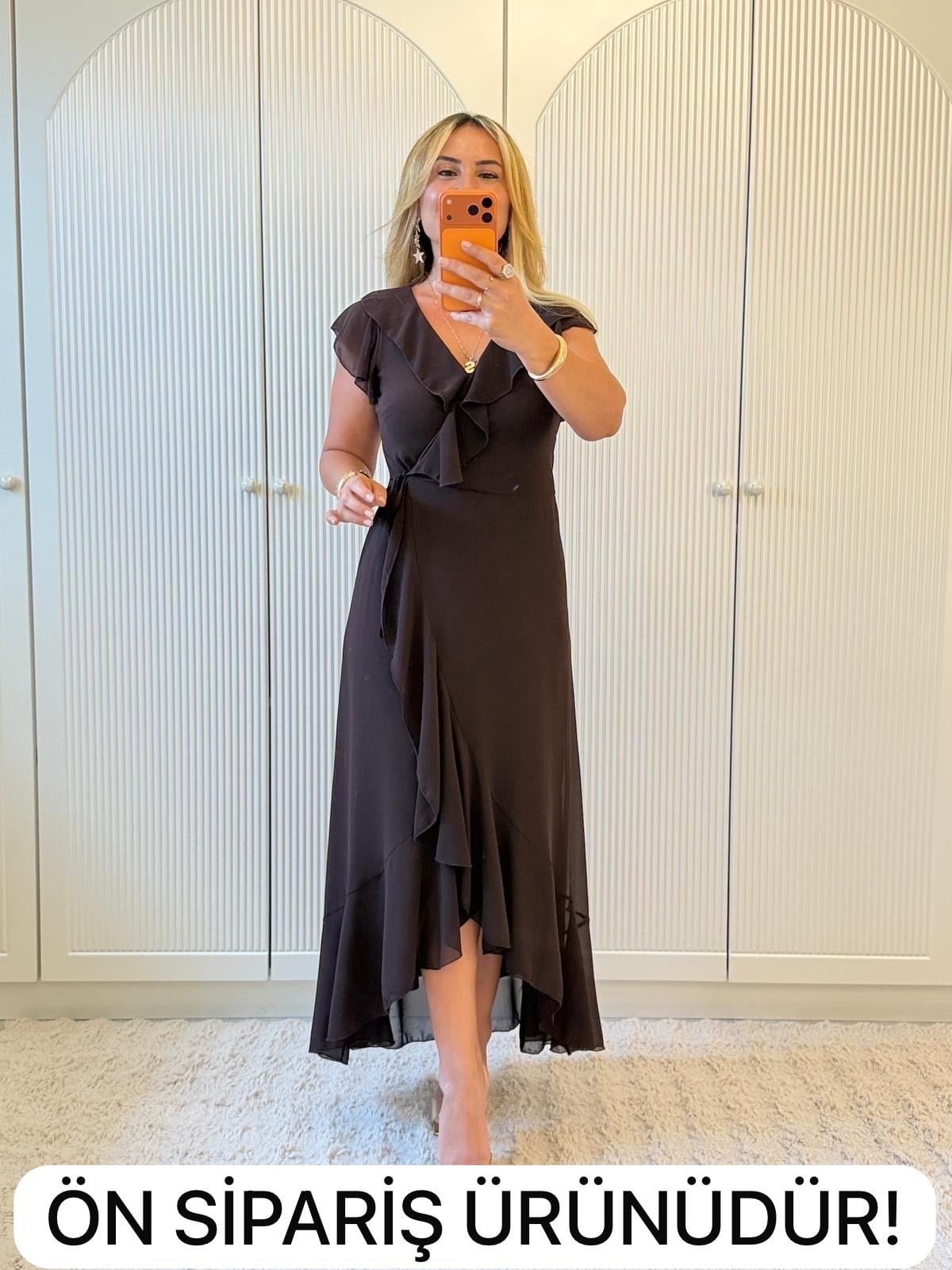 9418 Kahve Premium Kruvaze Volanlı Sifon Elbise