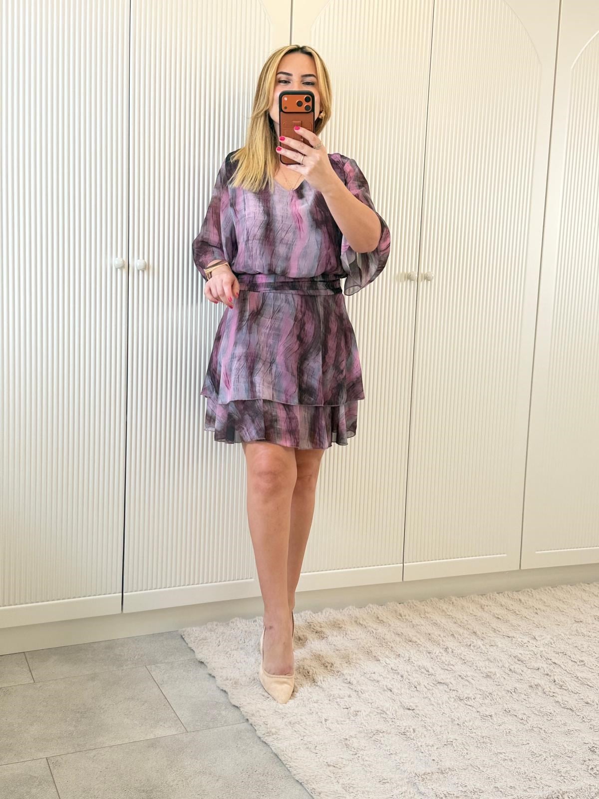 9131 Pembe V Yaka Etekli Şifon Elbise