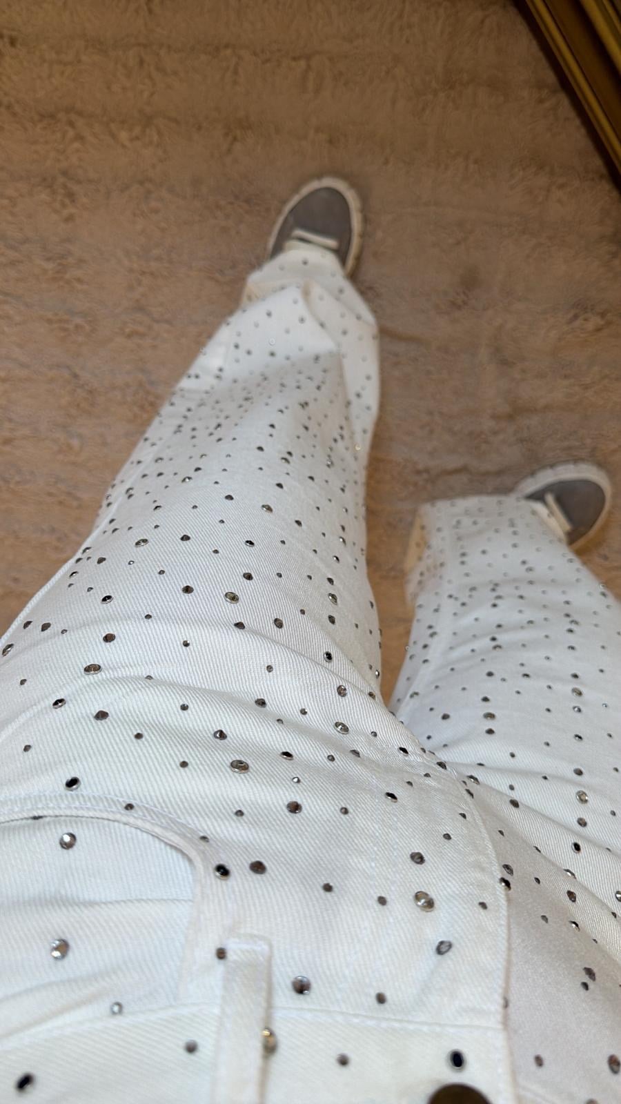 9251 Ekru Taşlı Jean Pantolon