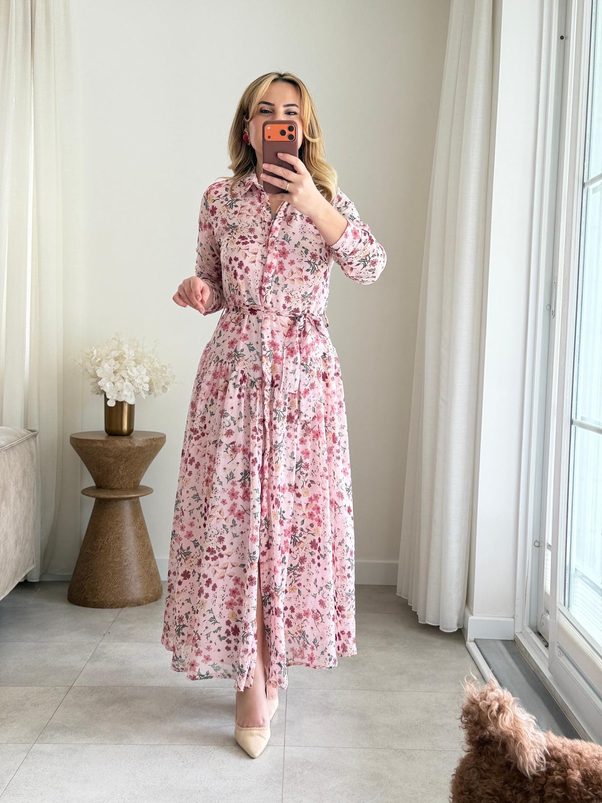 9060 Pembe Premium Şifon Gömlek Elbise