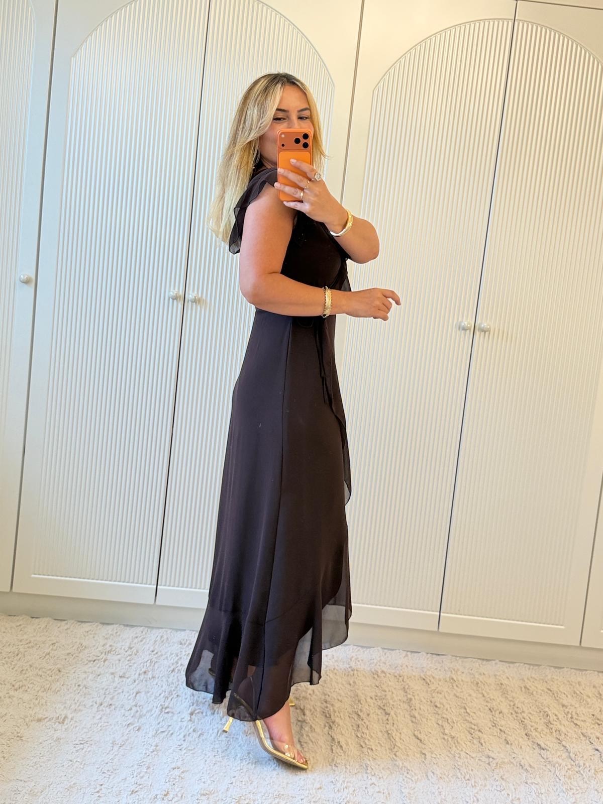 9418 Kahve Premium Kruvaze Volanlı Sifon Elbise