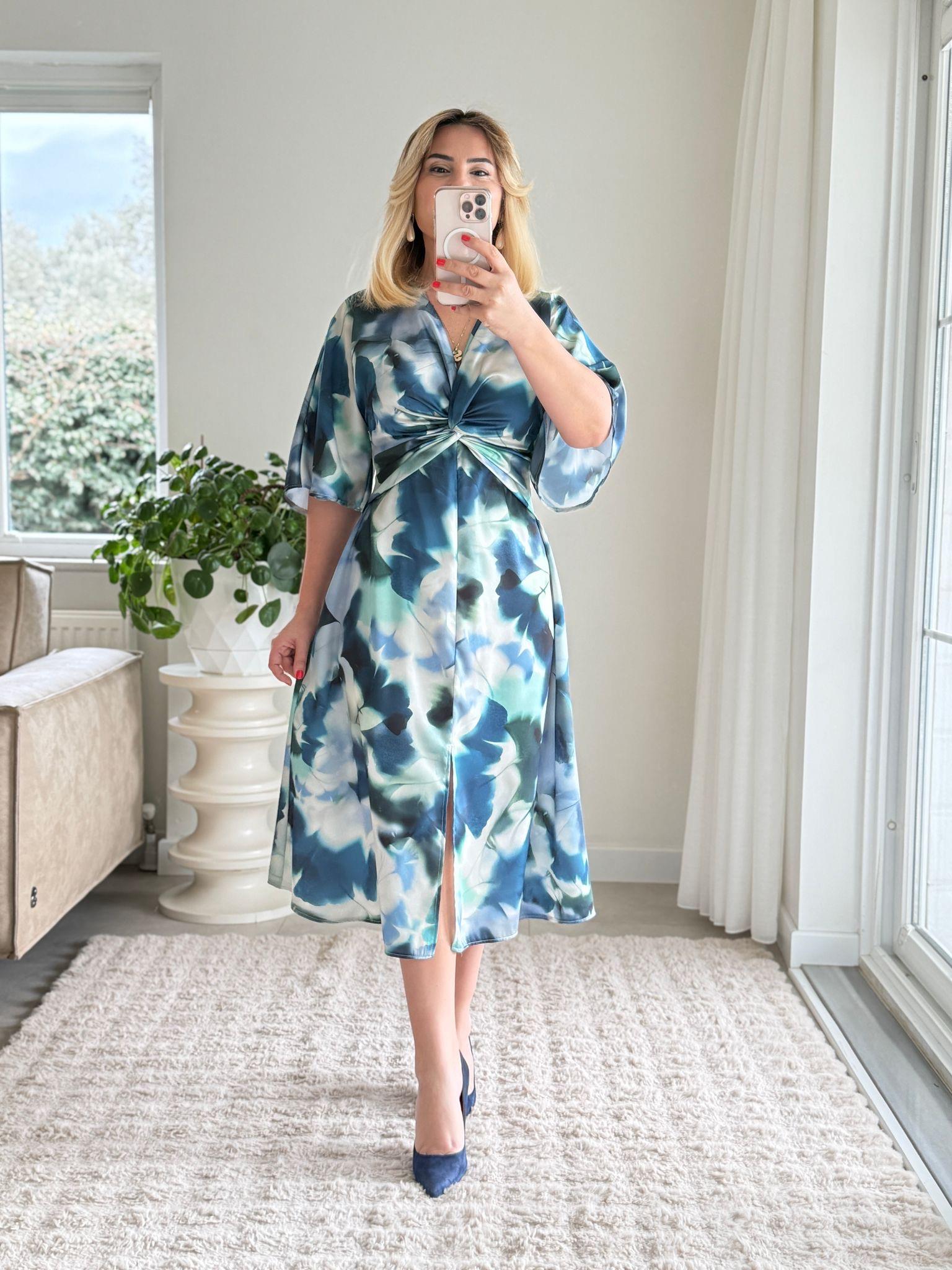 7524 Mavi Saten Düğüm Elbise