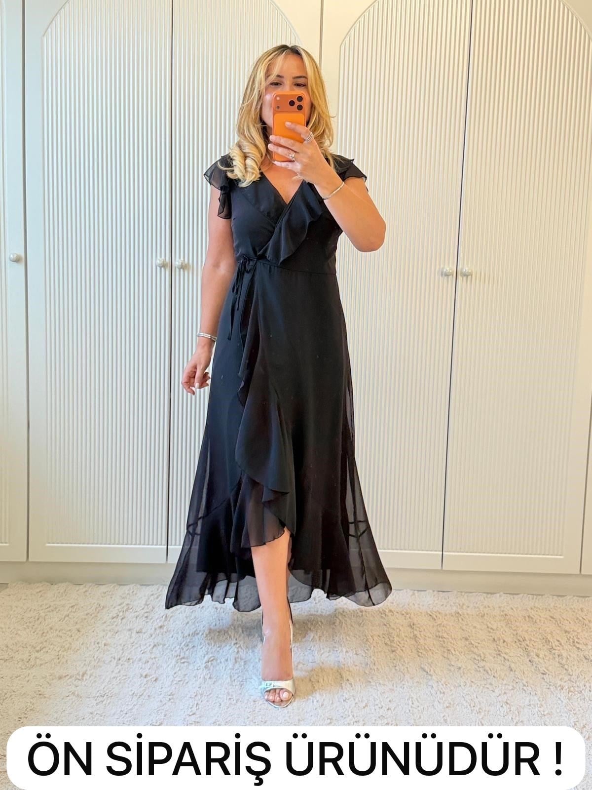 9416 Siyah Premium Kruvaze Volanlı Sifon Elbise