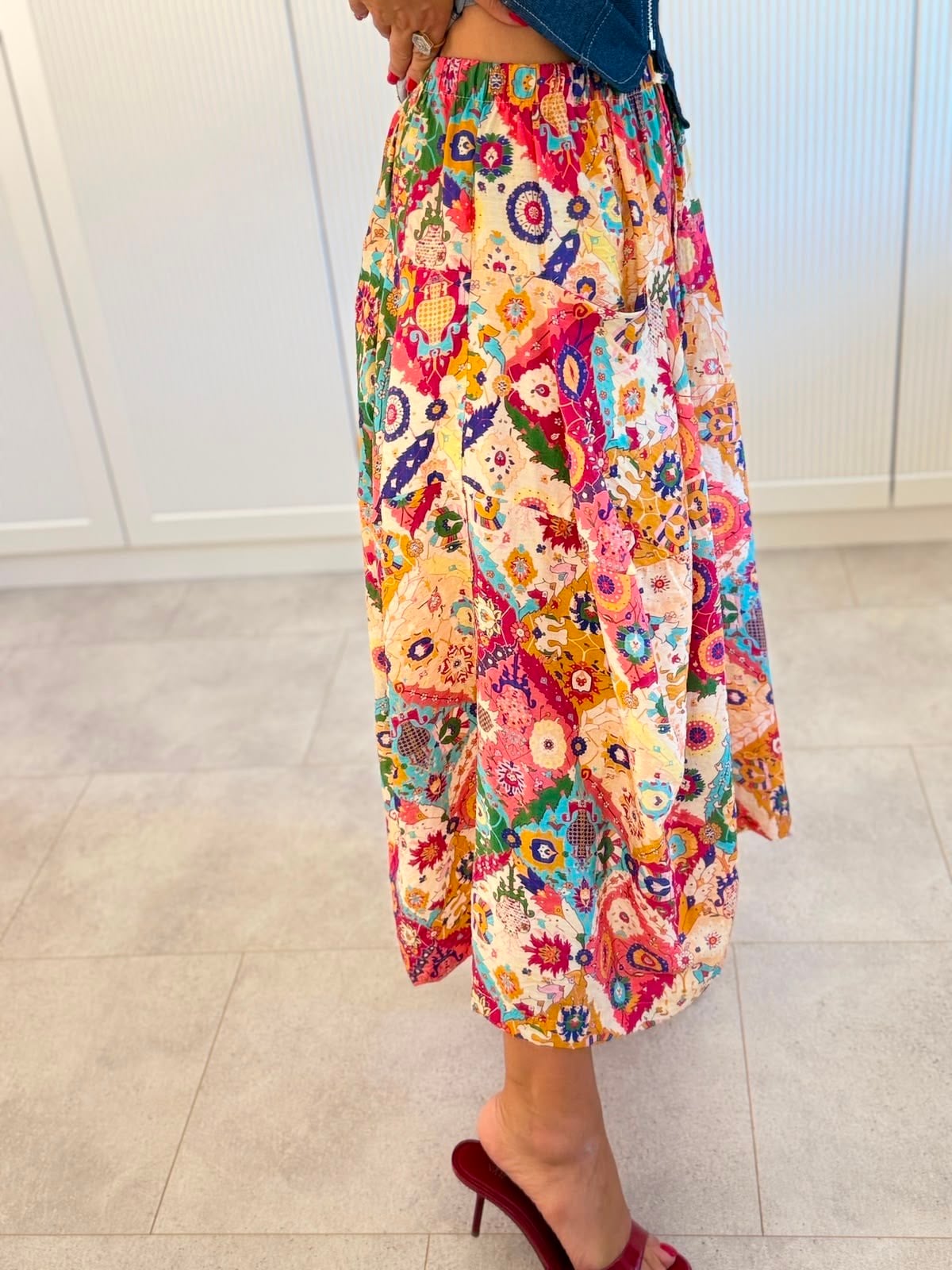 9653 Fuşya Desen Premium Pantolon Etek
