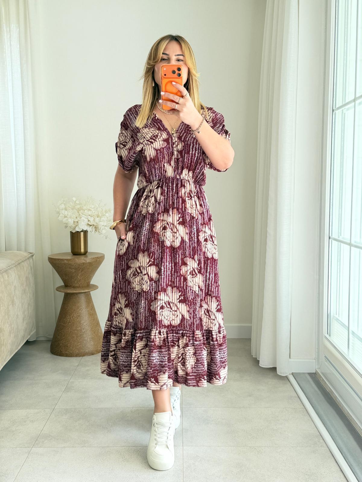 8983 Bordo Çiçek Desen v Yaka Bel Lastikli Elbise