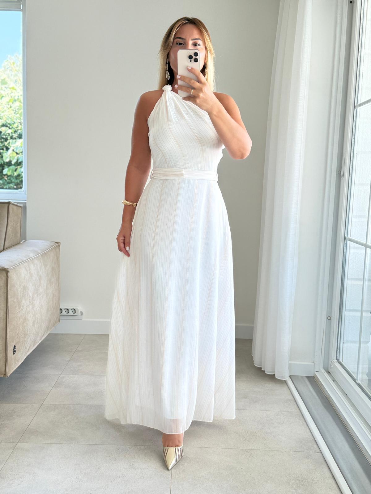 8331 Ekru Tek Omuz Elbise