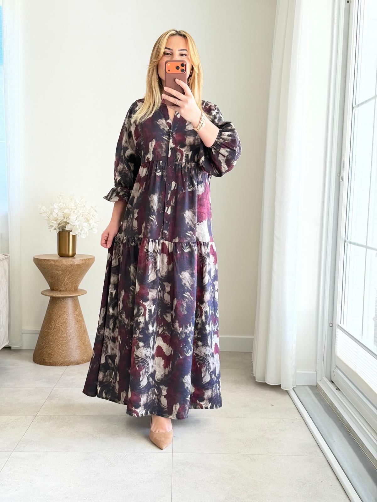 9080 Bordo Batik Desen Maxi Elbise