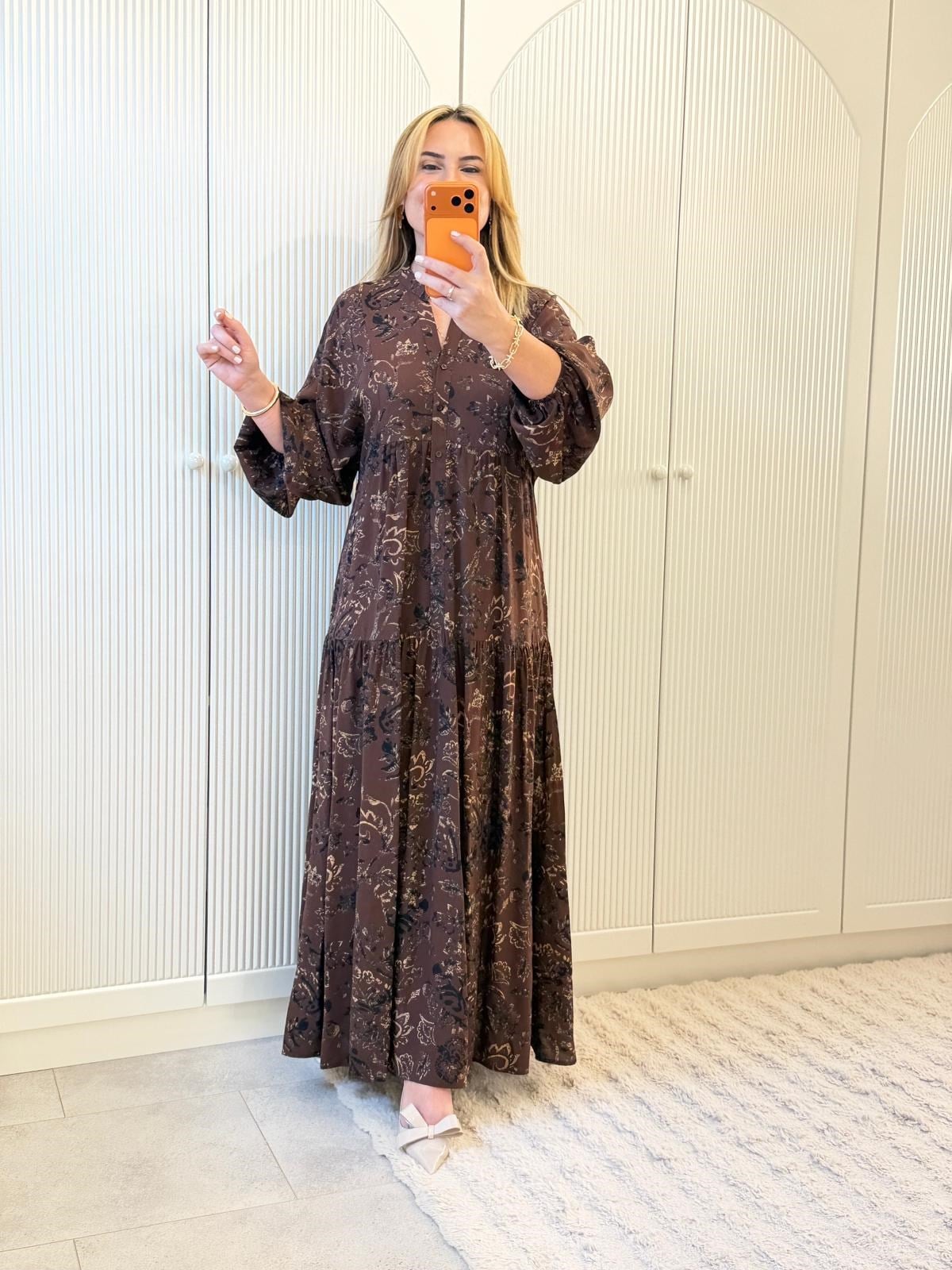 9146 Kahve Desenli Maxi Elbise