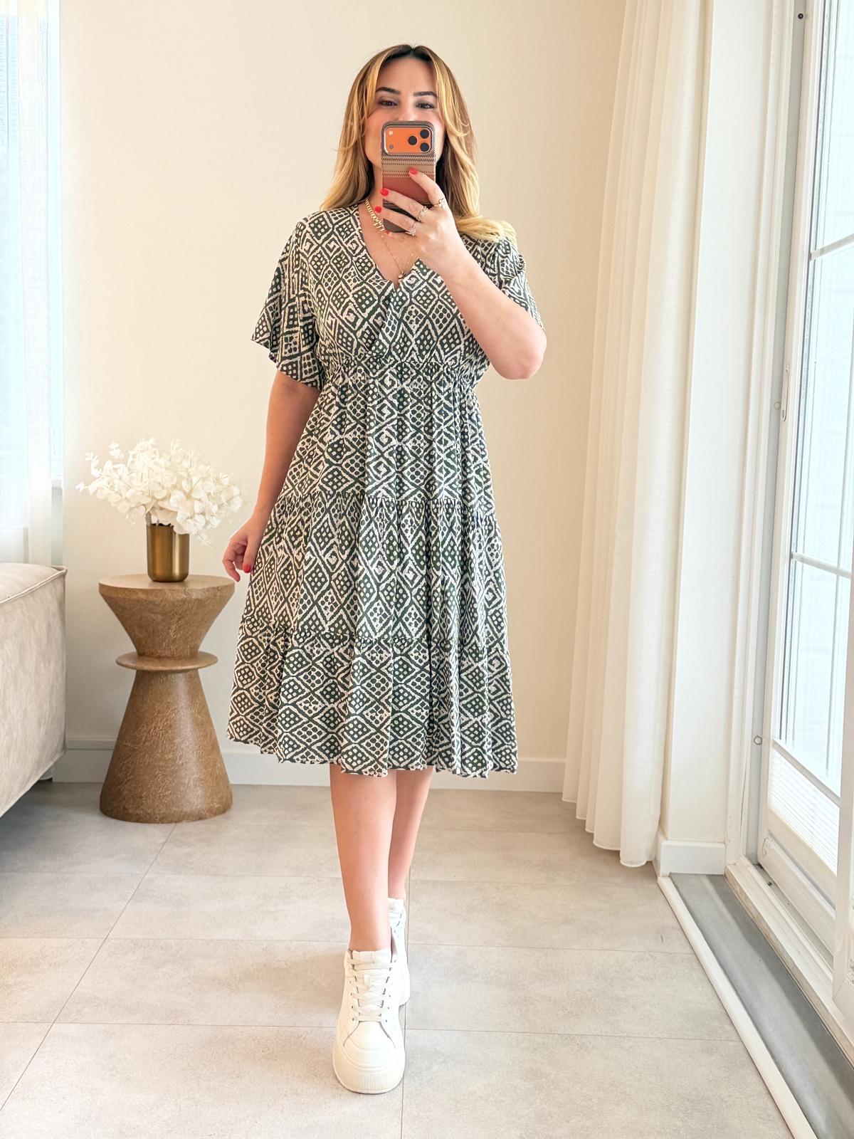 8951 Haki Desenli Kruvaze Yaka Elbise