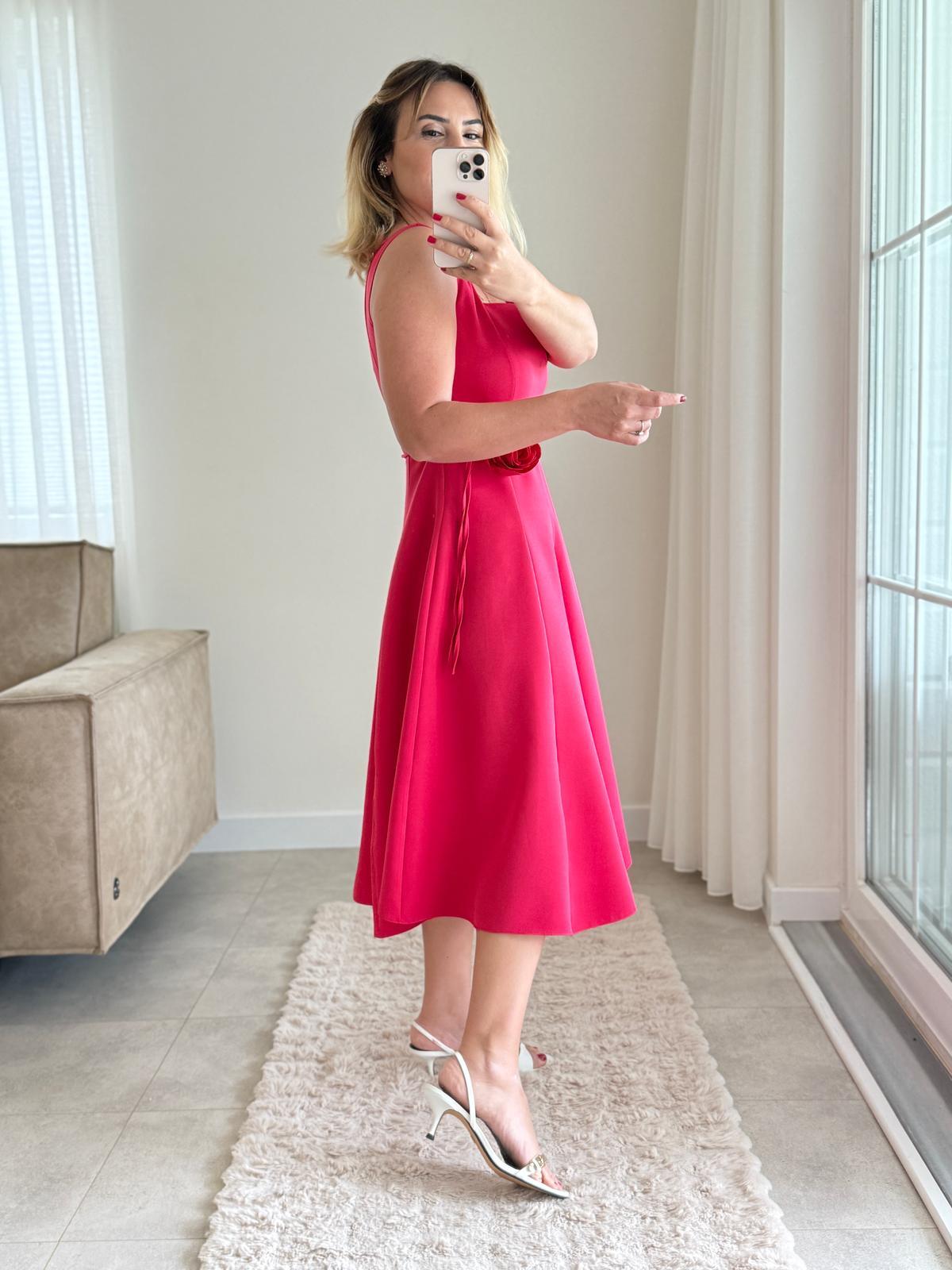 7846 Pembe Çiçek Kemerli Elbise