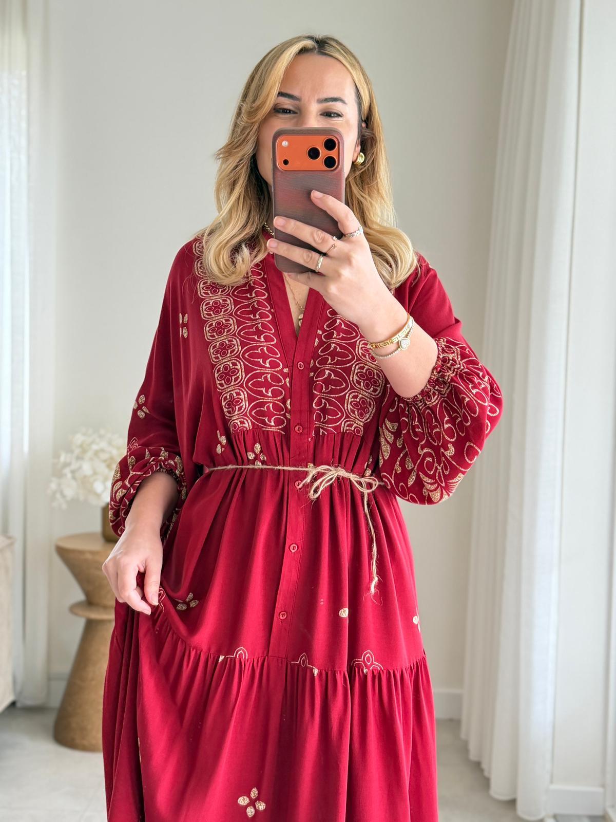 9051 Bordo Hakim Yaka Etnik Desen Elbise