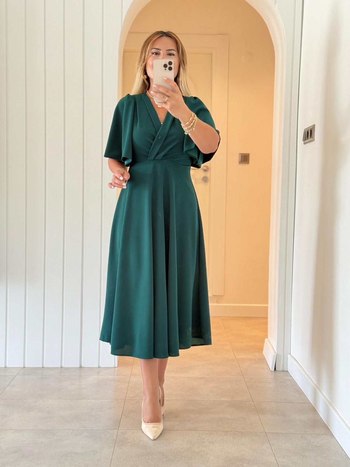 8486 Zümrüt Midi Kruvaze  Elbise