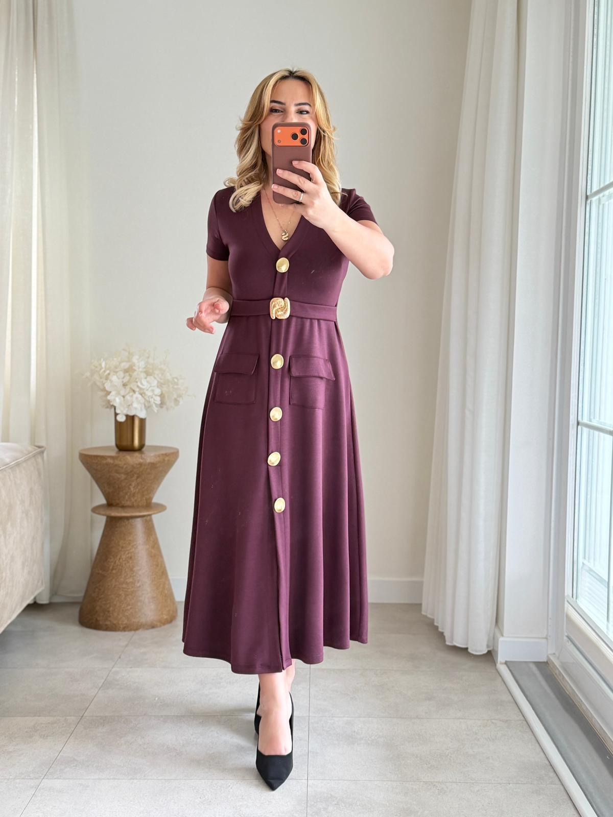 9055 Bordo Gold Aksesuar Cepli Elbise