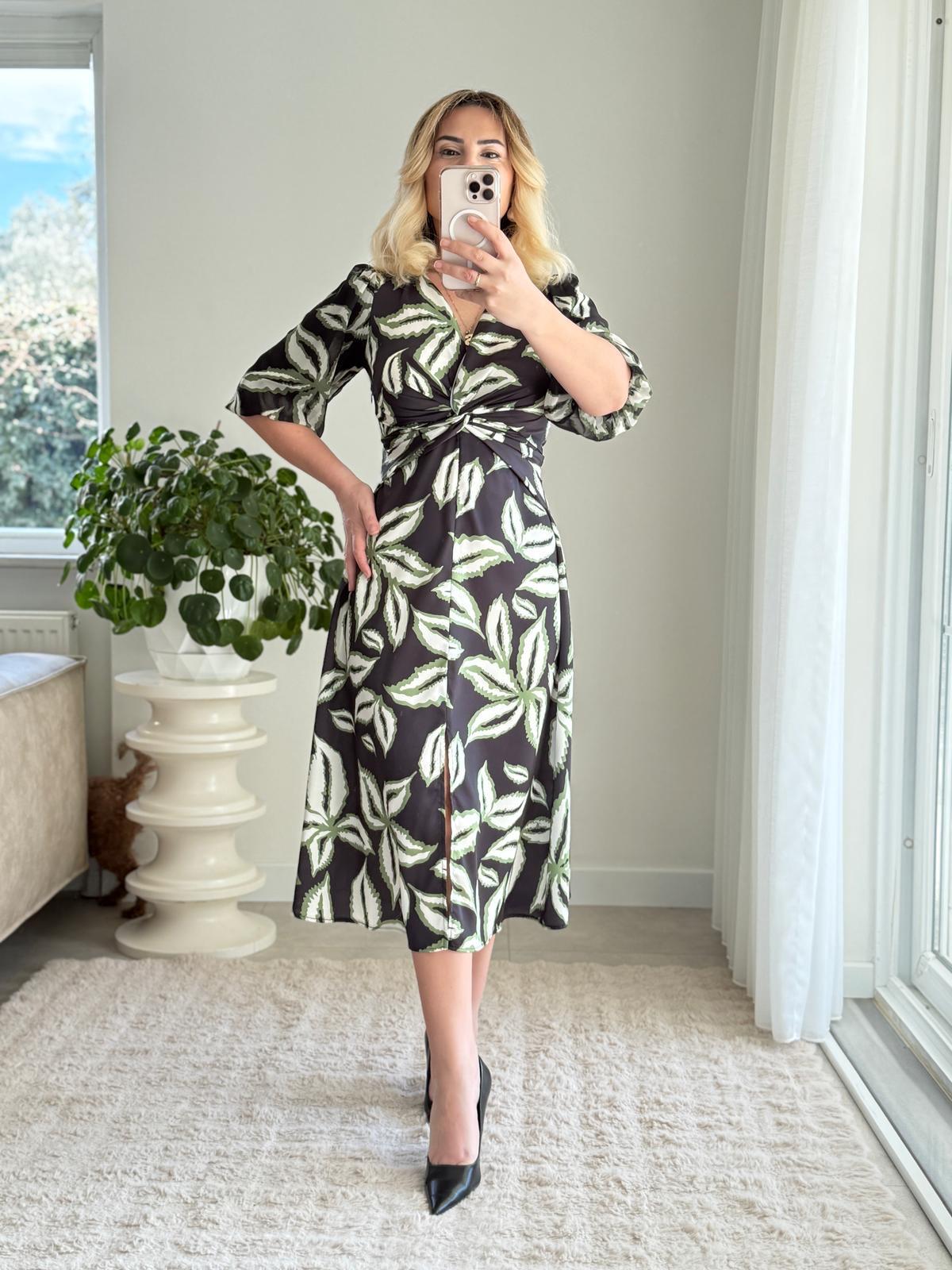 6756 Yeşil Saten Yırtmaç Midi Elbise