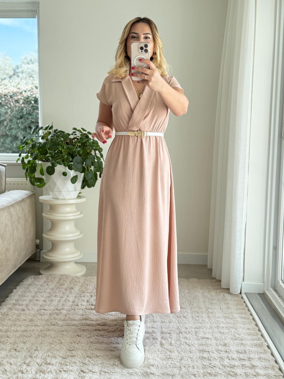 7556 Bej Kruvaze Beli Lastikli Elbise 