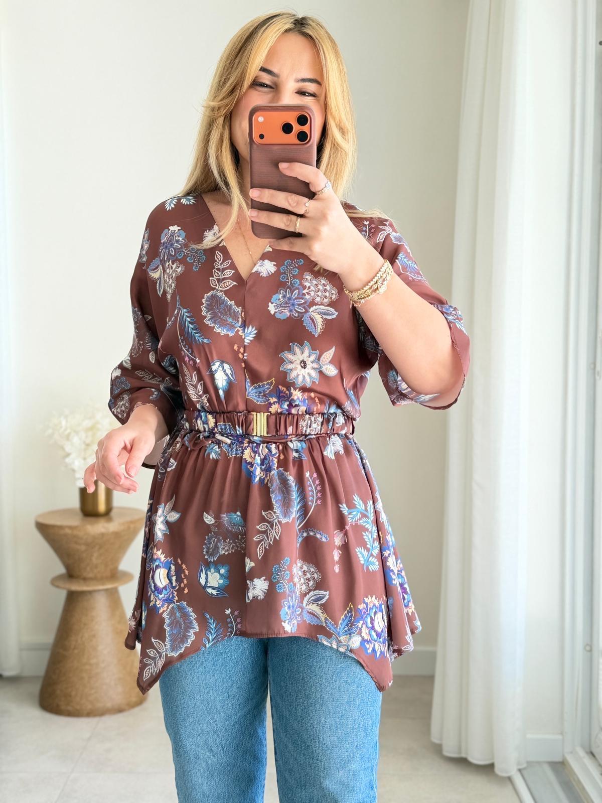 9076 Kahve V Yaka Asimetrik Bluz