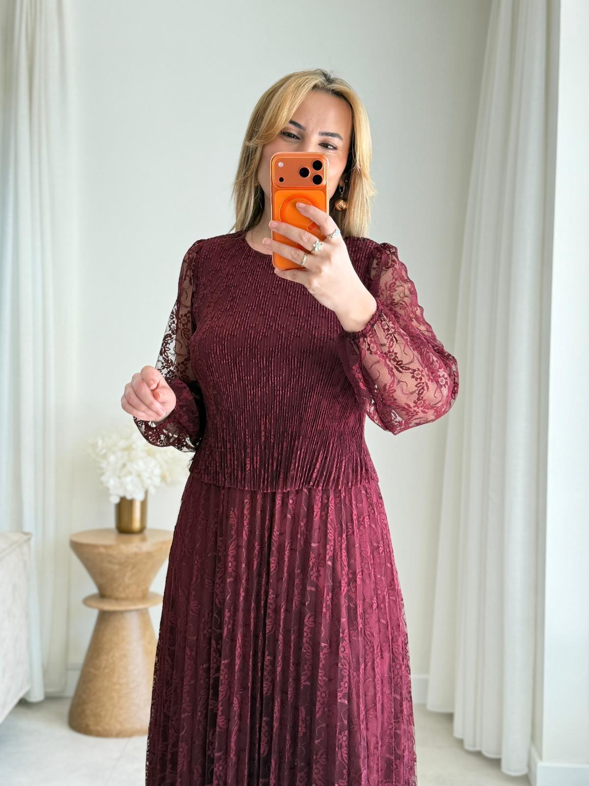 9032 Bordo Piliseli Dantel Elbise