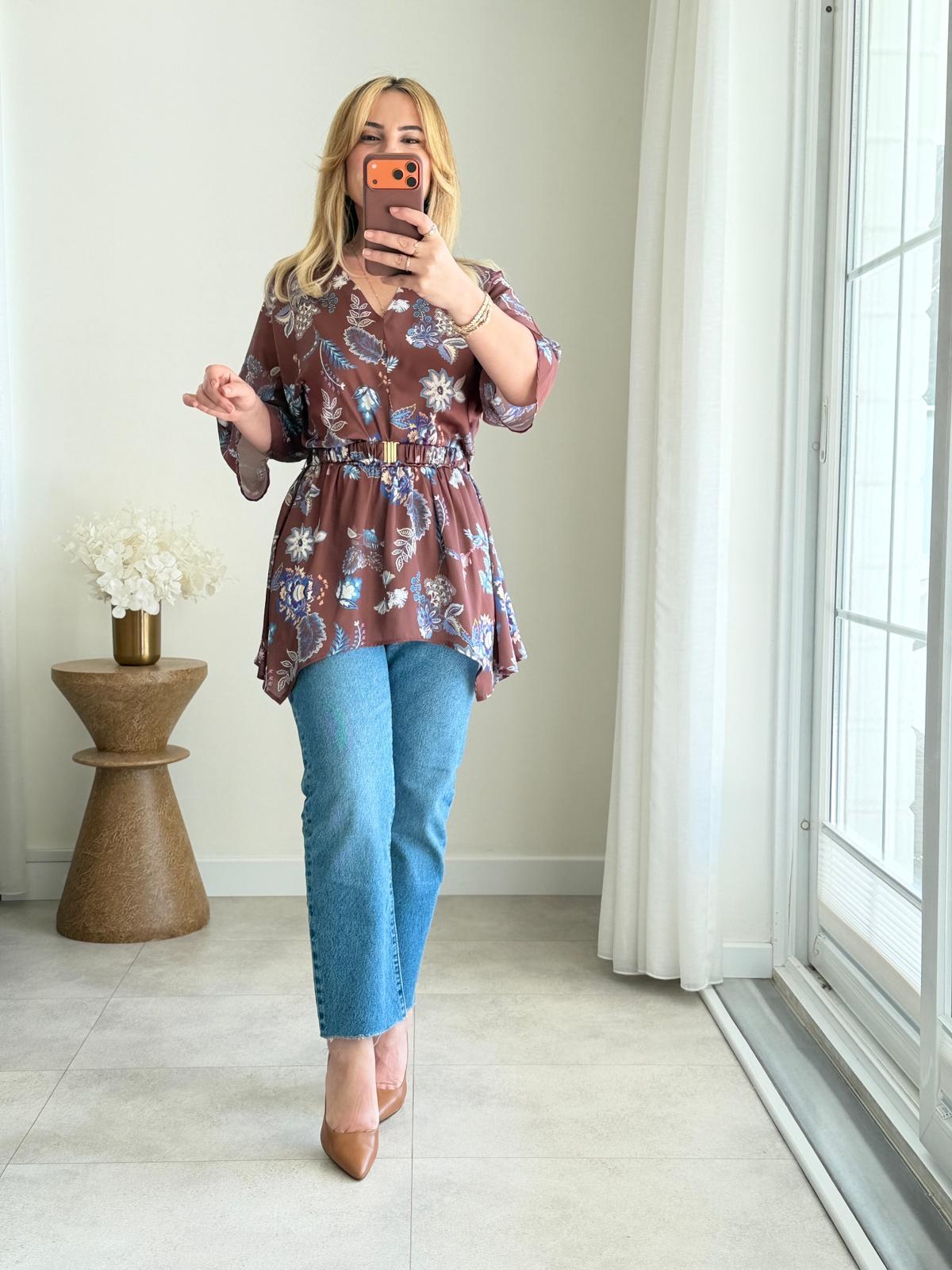 9076 Kahve V Yaka Asimetrik Bluz