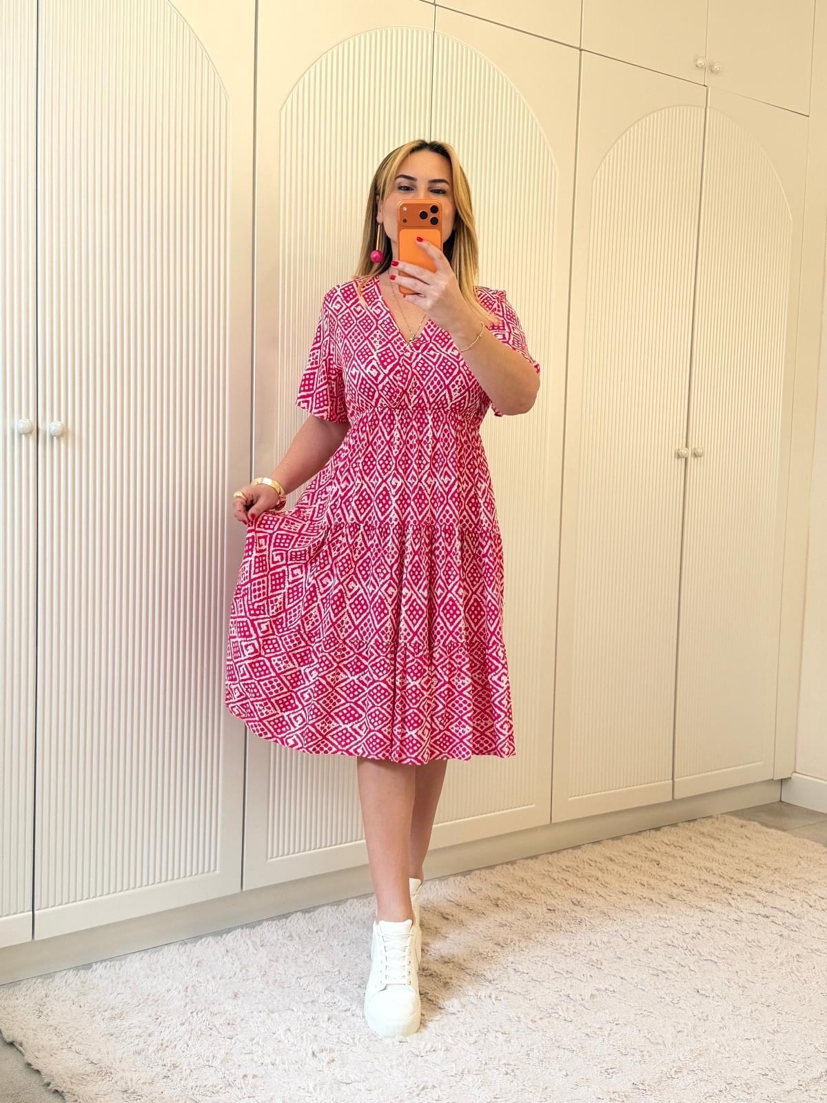 9212 Pembe Desenli Kruvaze Yaka Elbise