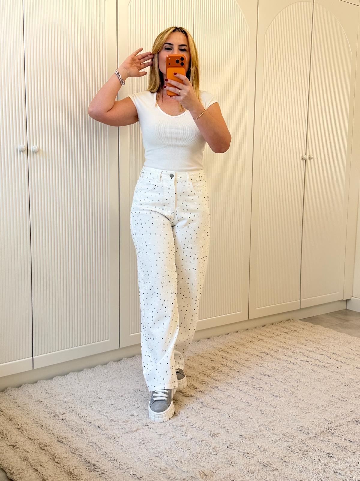 9251 Ekru Taşlı Jean Pantolon