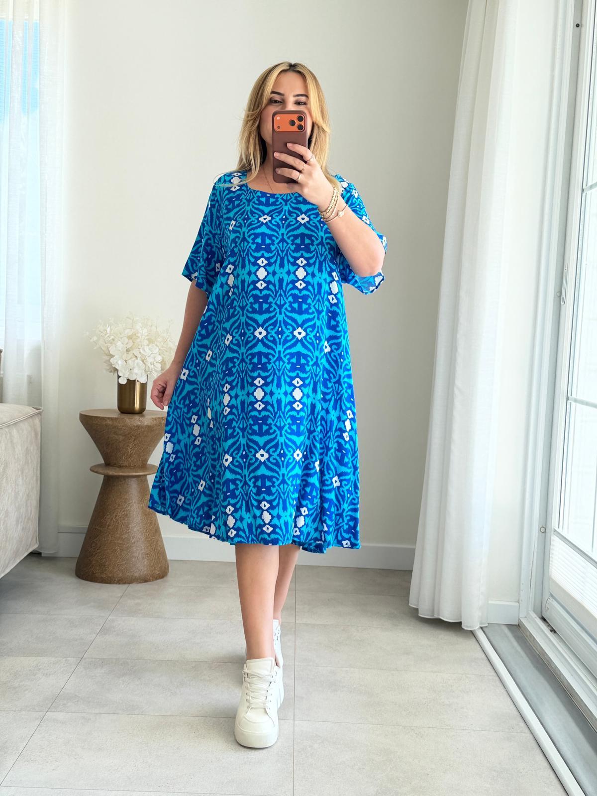 9075 Mavi Beyaz Bisiklet Yaka Pamuk Elbise