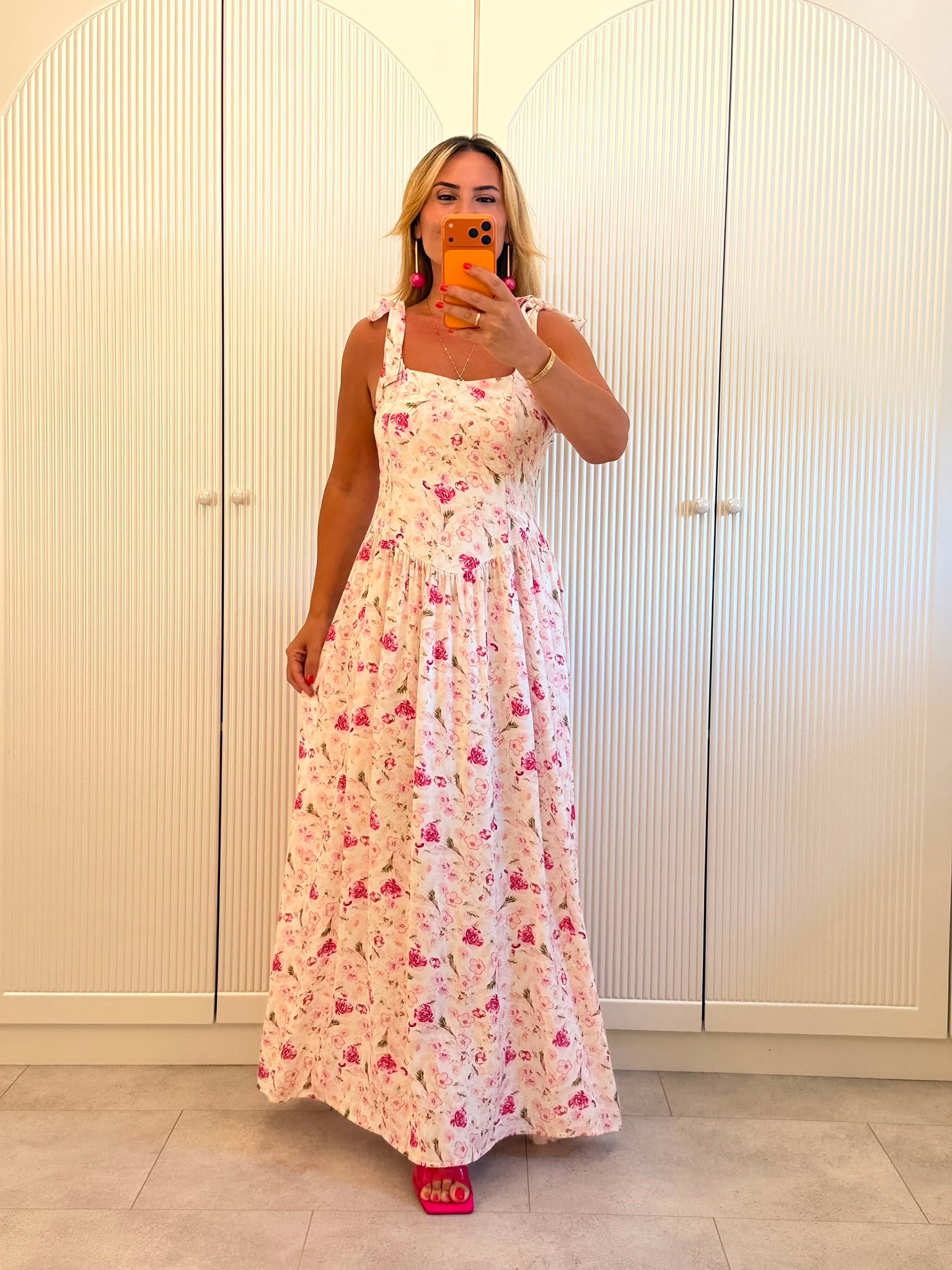 9541 Pembe Premium Desen Bağlamalı Elbise