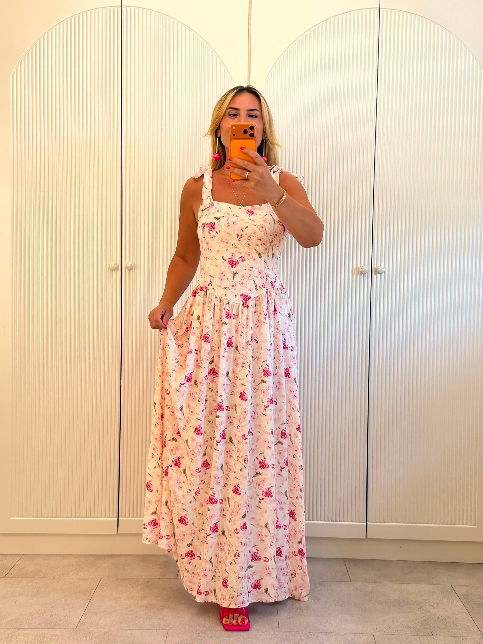 9541 Pembe Premium Desen Bağlamalı Elbise