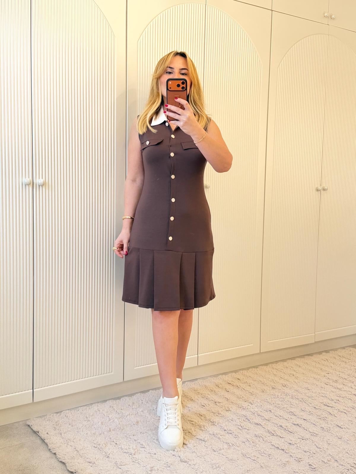 9215 Kahve Polo Yaka Elbise