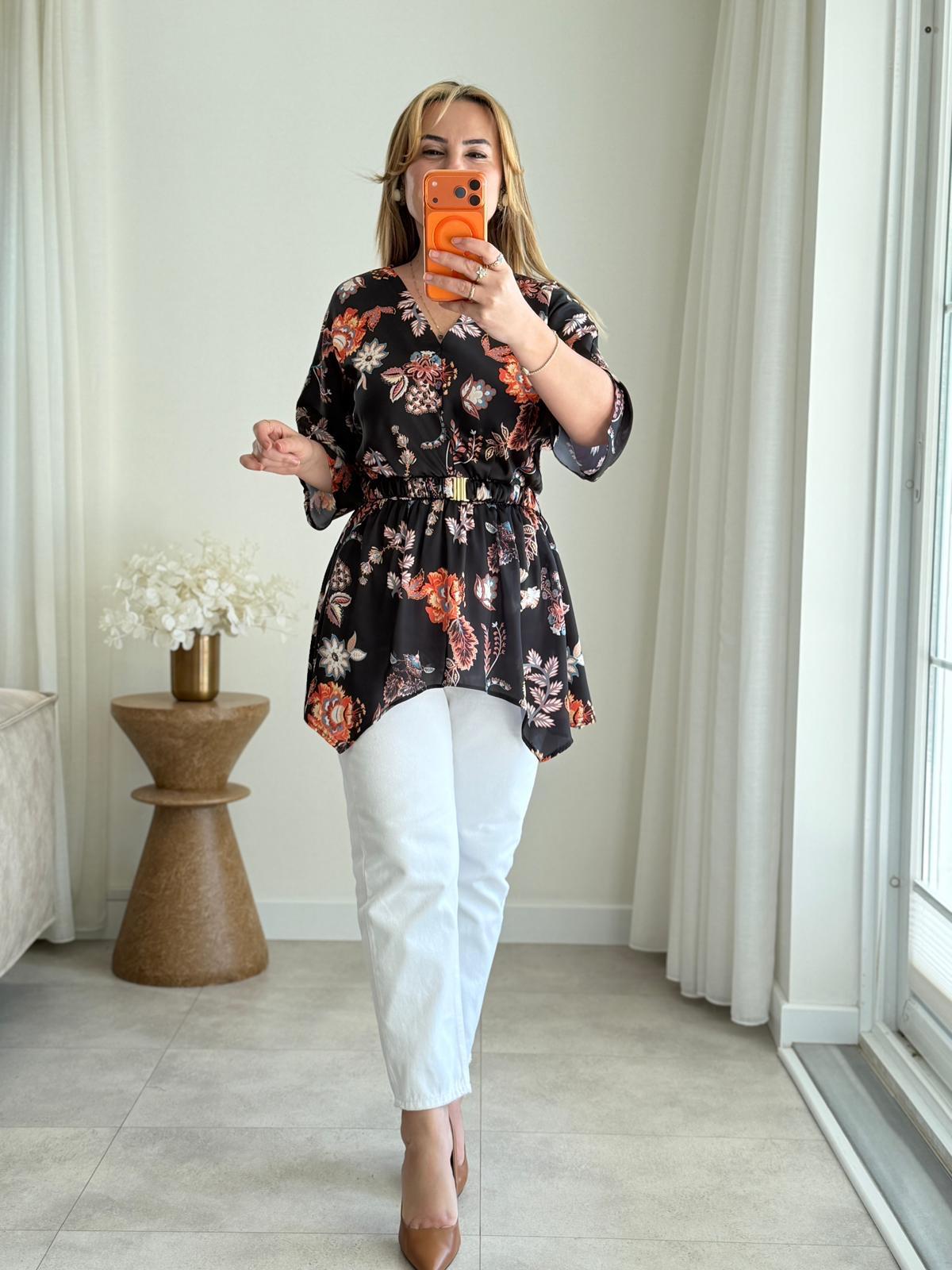 9034 Siyah V Yaka Asimetrik Bluz