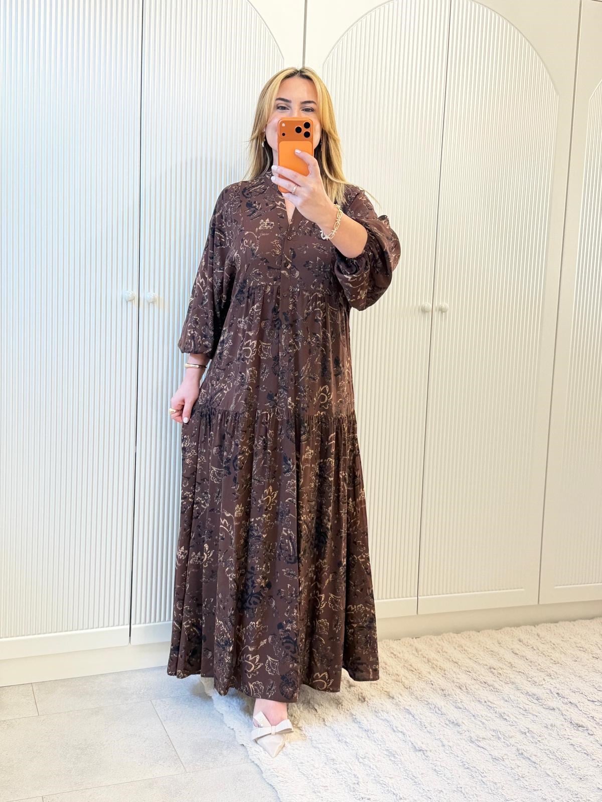 9146 Kahve Desenli Maxi Elbise