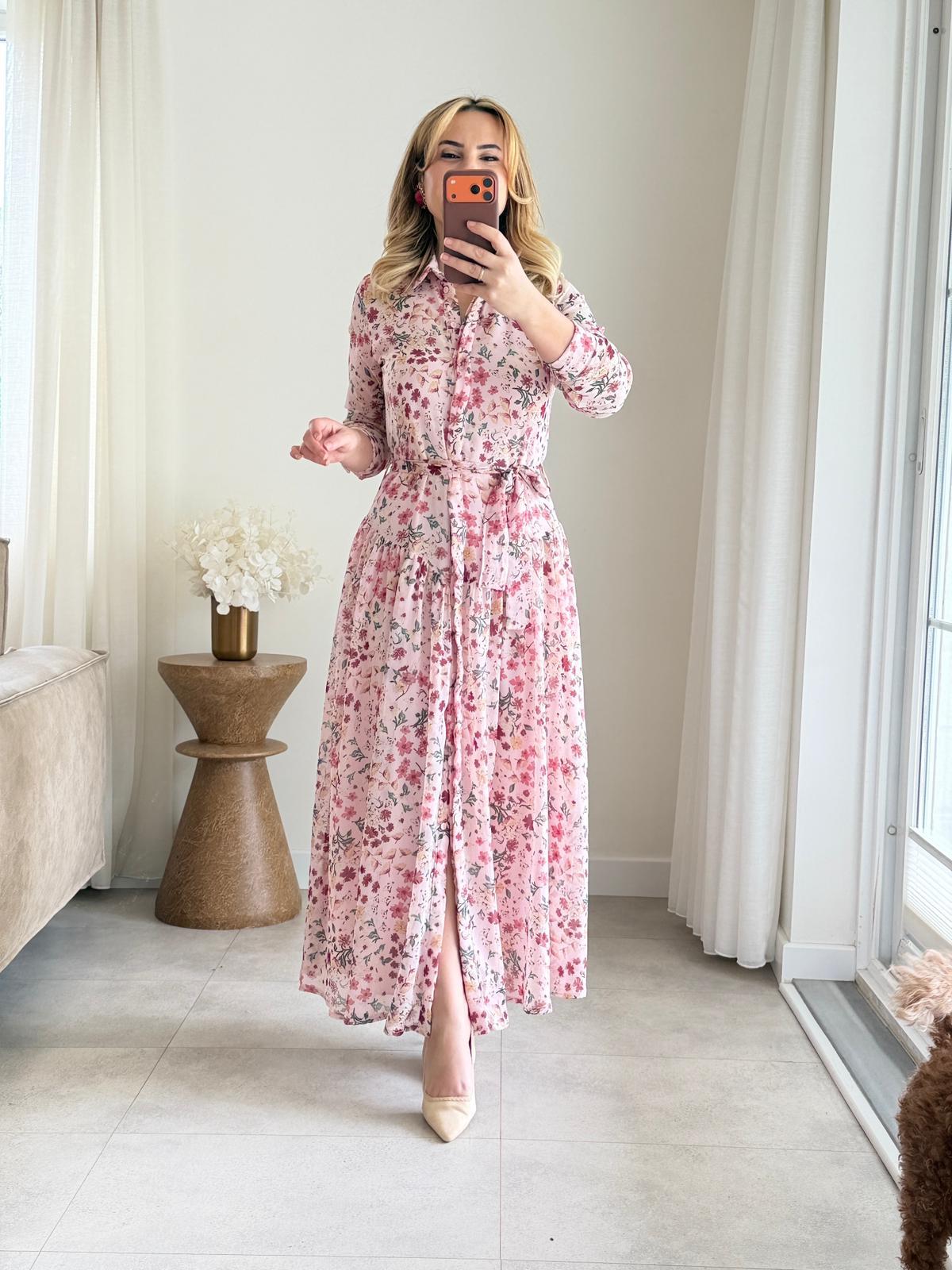 9060 Pembe Premium Şifon Gömlek Elbise