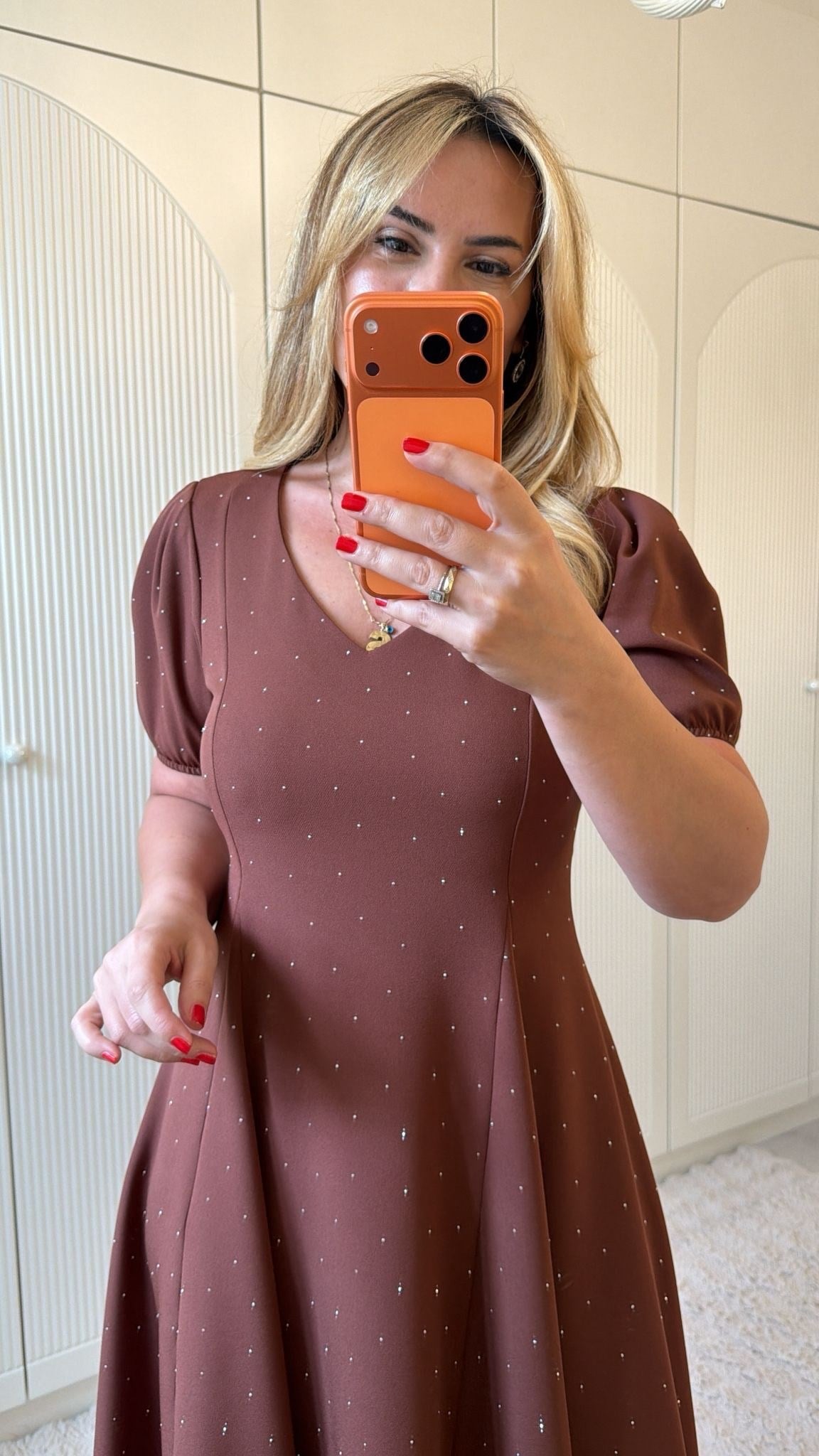 9374 Kahve Taşlı Premium Elbise