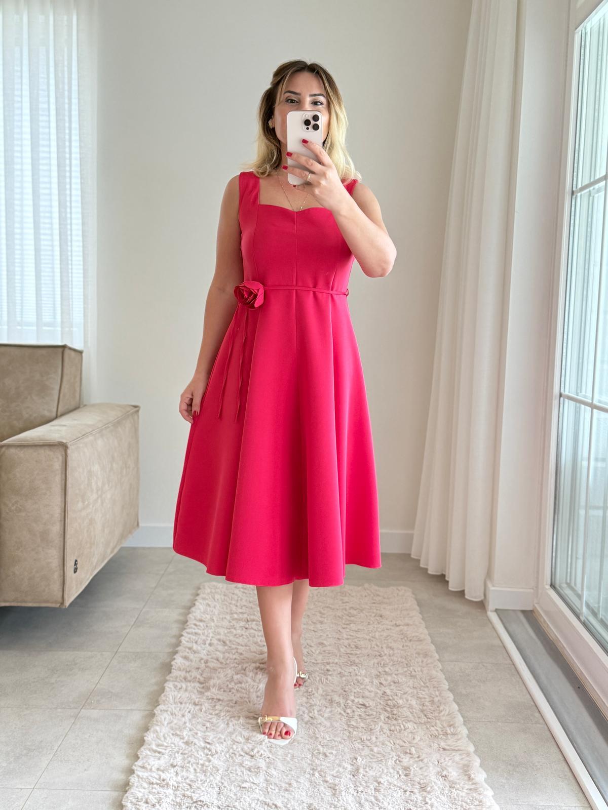 7846 Pembe Çiçek Kemerli Elbise