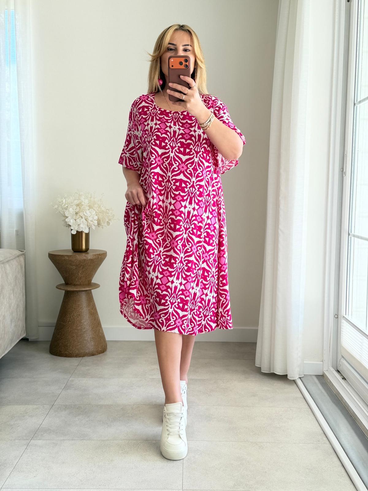 9074 Pembe Beyaz Bisiklet Yaka Pamuk Elbise