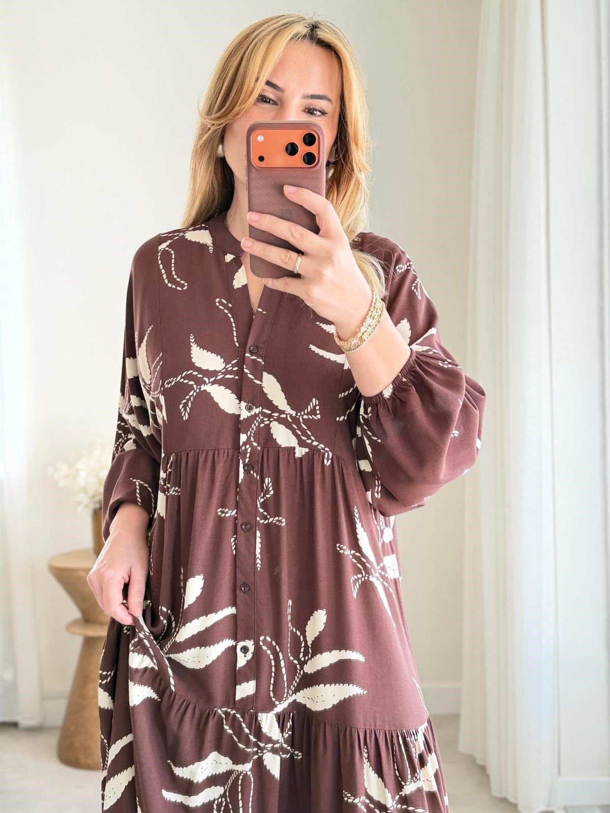9097 Kahve Yaprak Desen Maxi Elbise