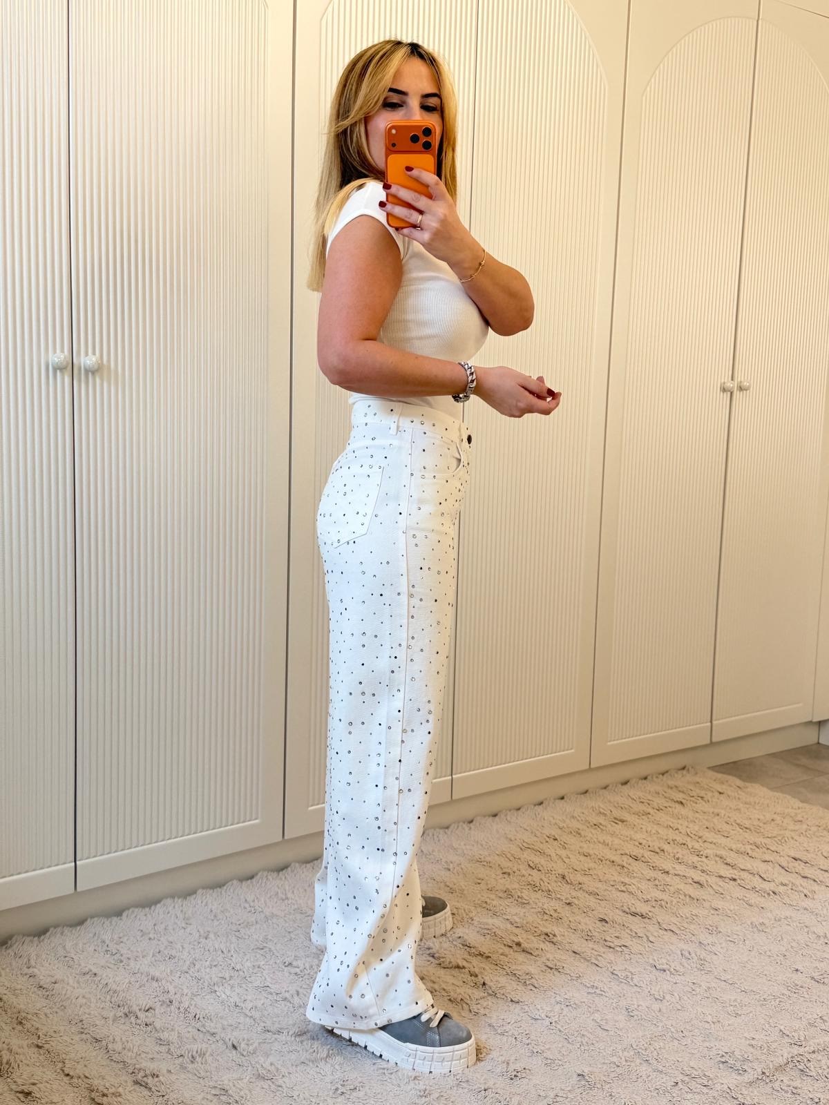 9251 Ekru Taşlı Jean Pantolon