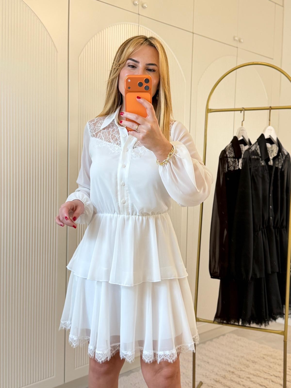 9151 Ekru Dantel Detaylı Premium Şifon Elbise