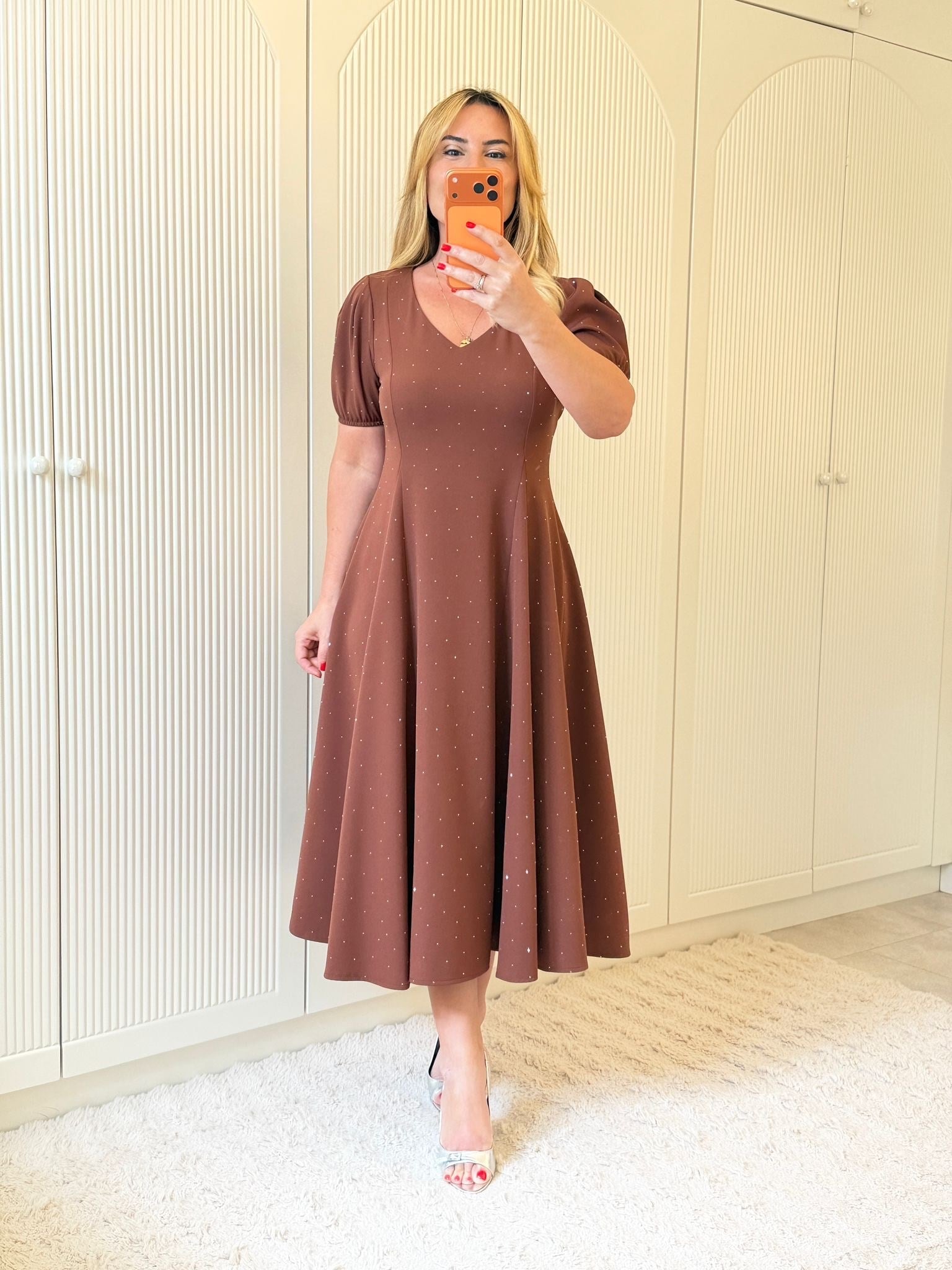 9374 Kahve Taşlı Premium Elbise