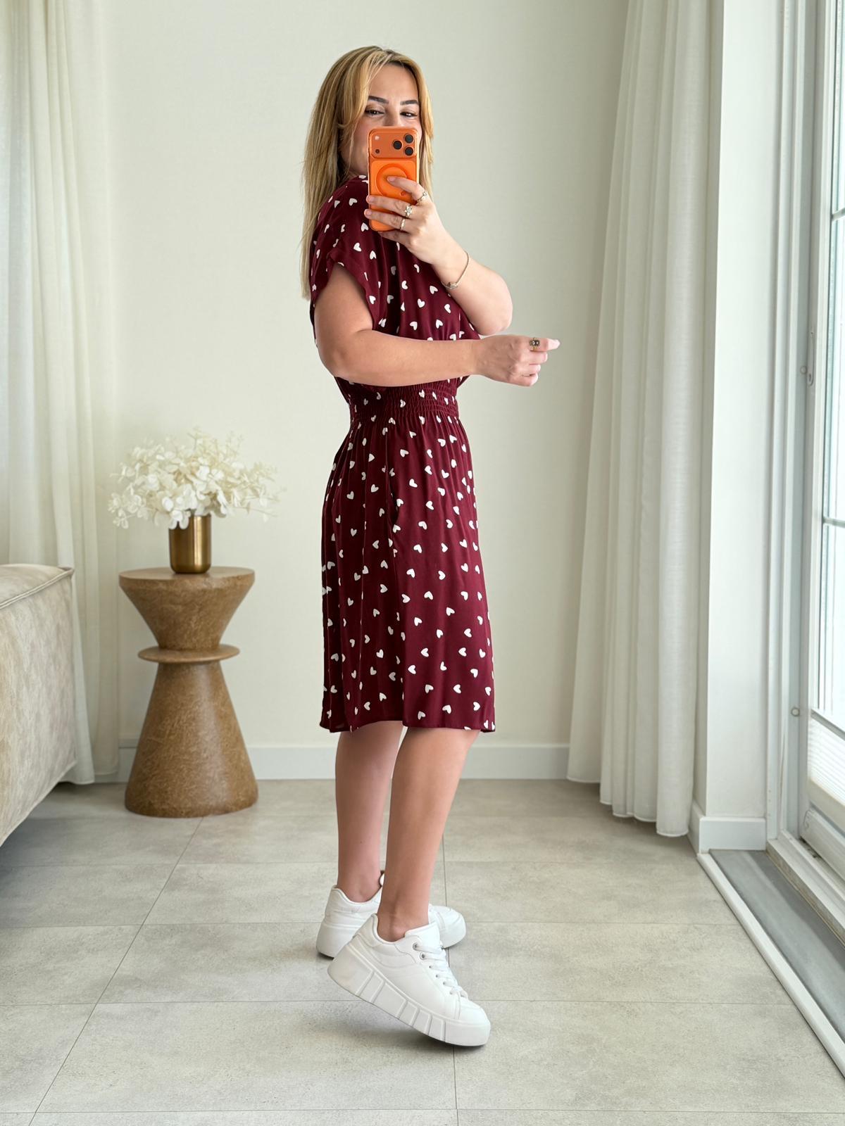 9036 Bordo Yarasa Kol Kalp Desen Elbise