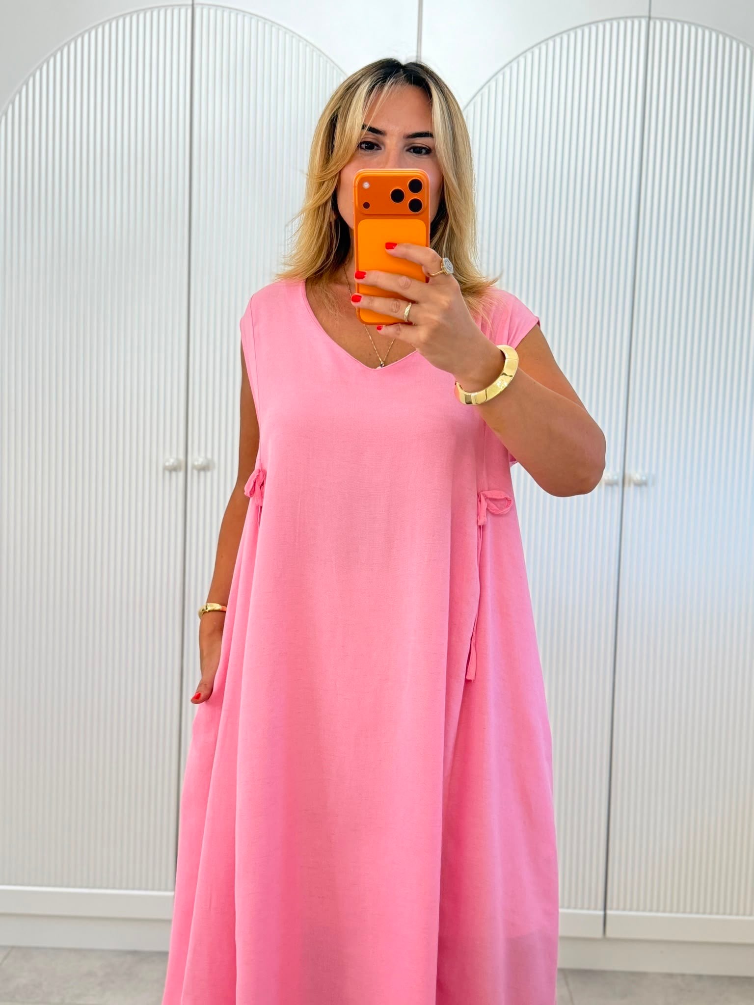 9534 Pembe Fiyonk Detay Keten Elbise