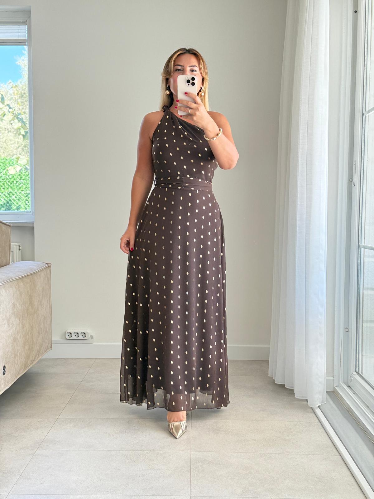 8445 Kahve Tek Omuz Dore Elbise