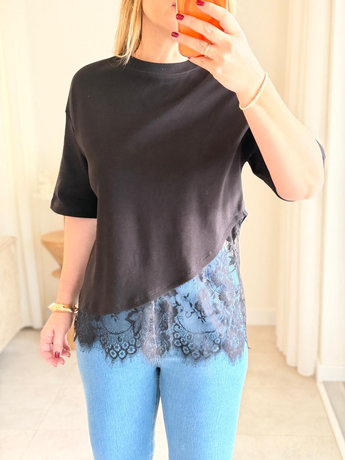 9009 Siyah Etek Ucu Dantel Tişört