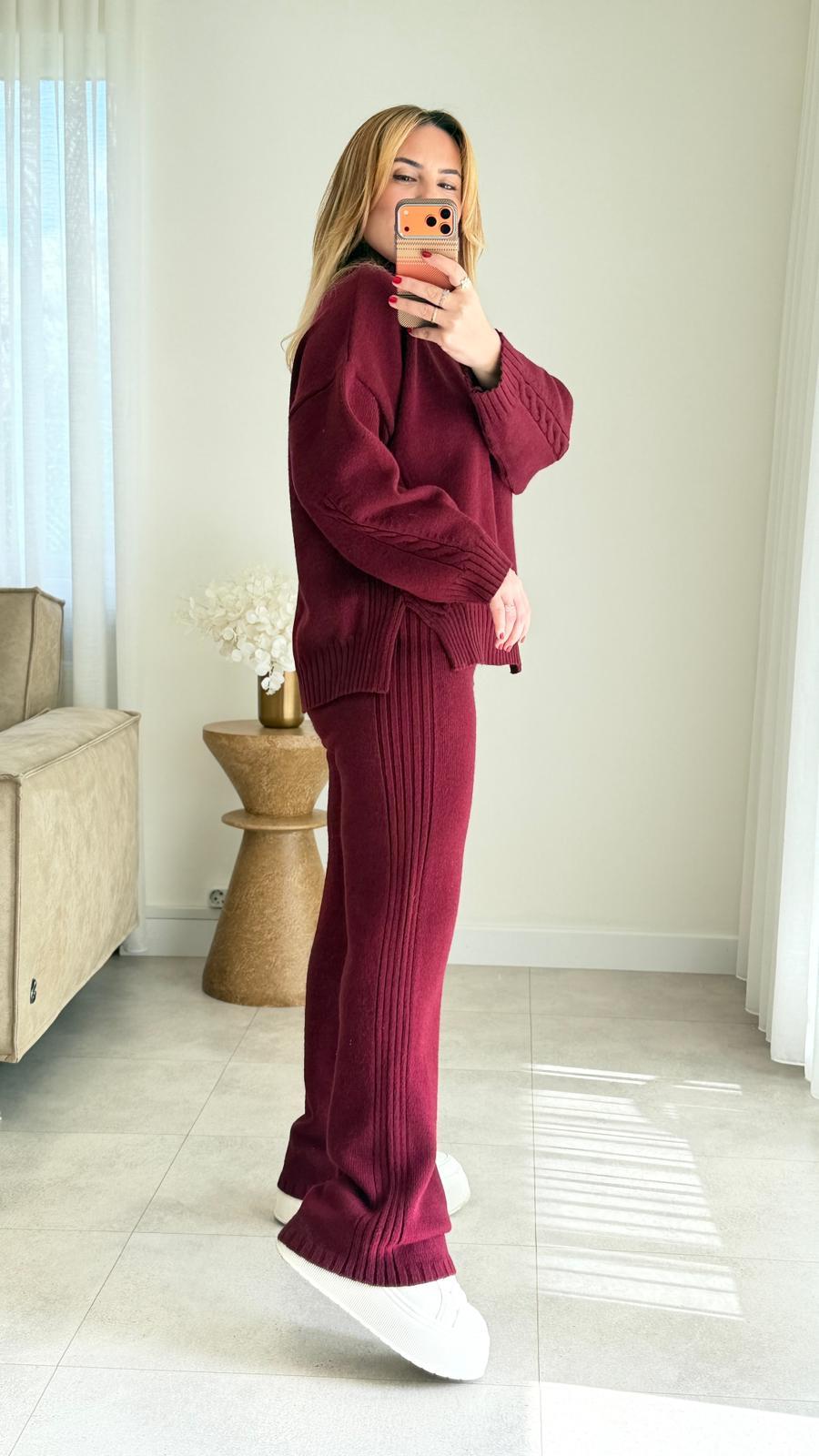 8916 Bordo Saç Örgülü Takım