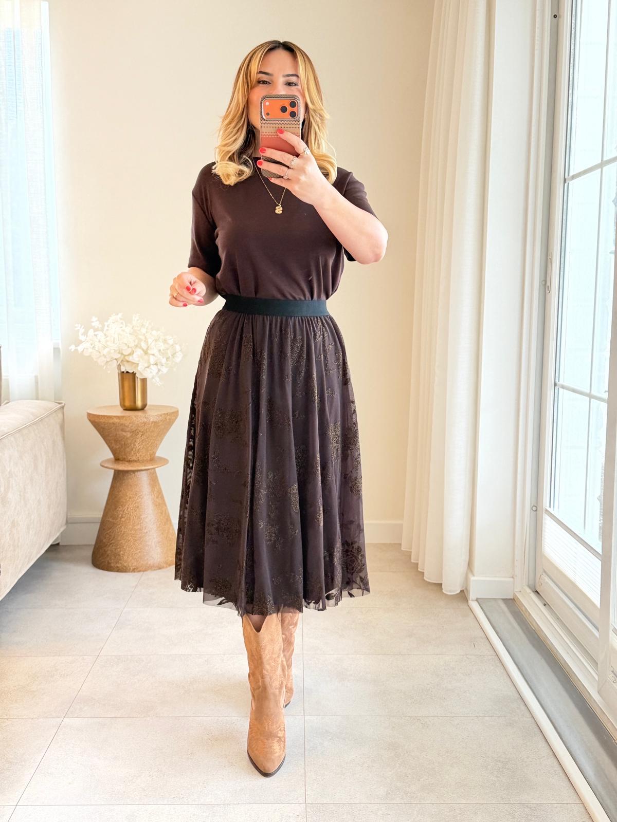 8945 Kahve Flok Baskı Midi Etek