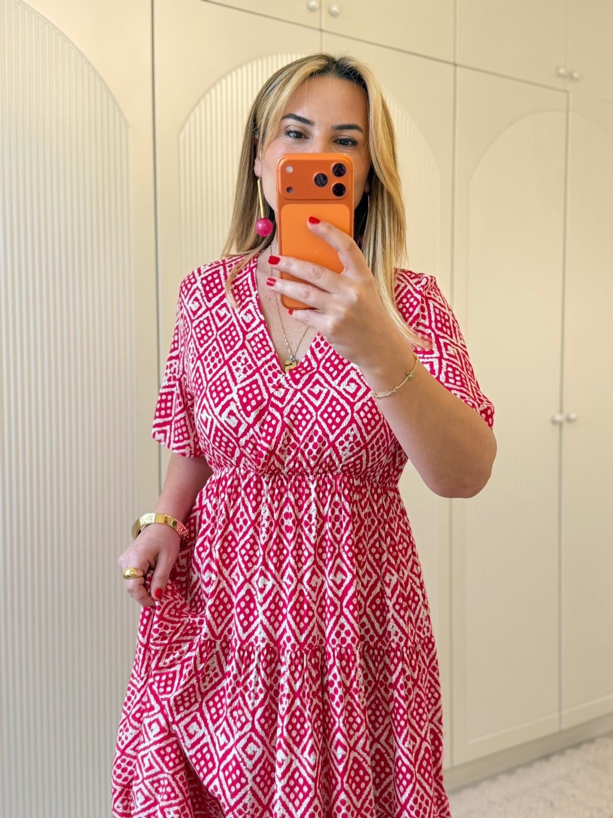 9212 Pembe Desenli Kruvaze Yaka Elbise