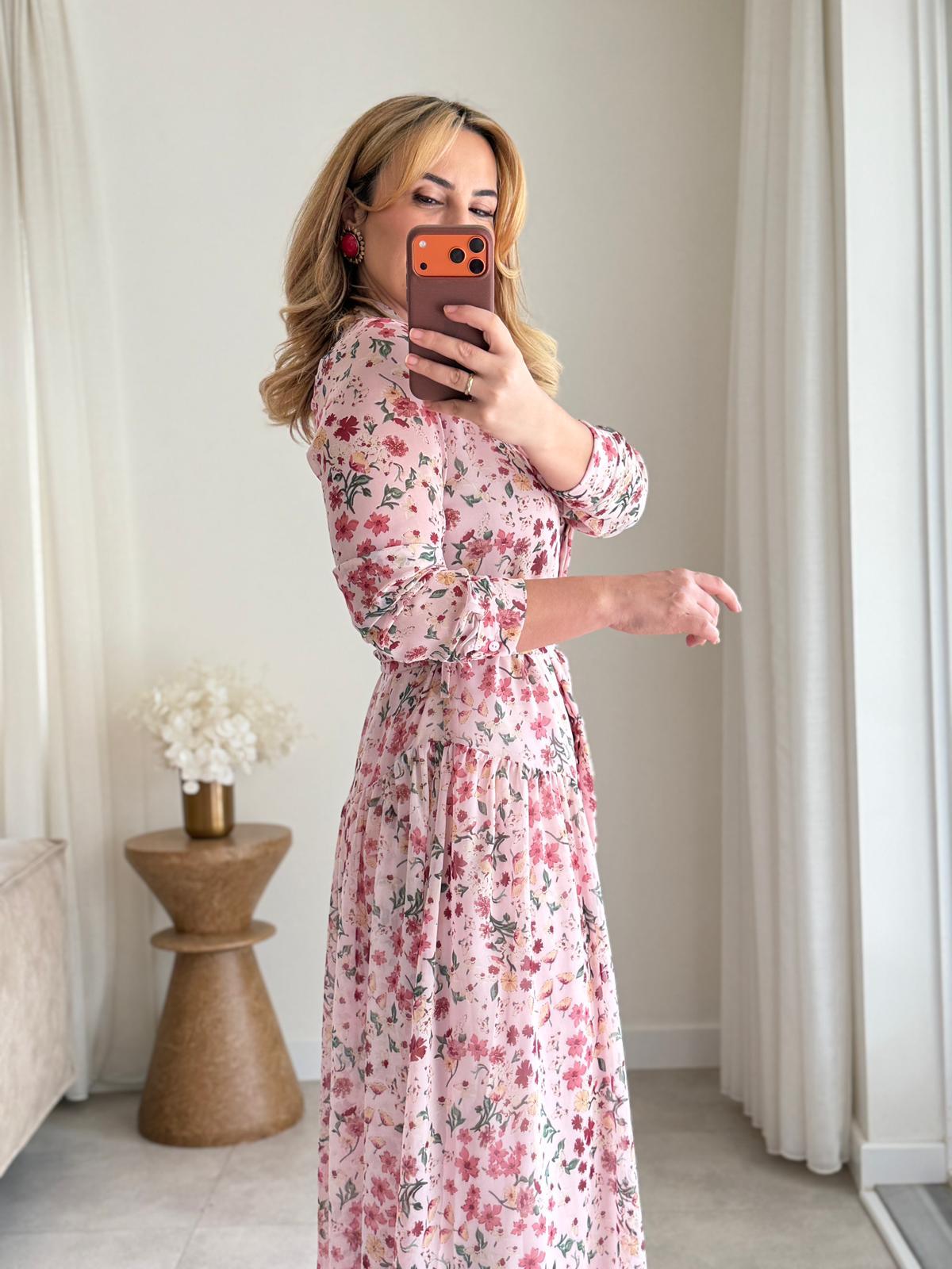 9060 Pembe Premium Şifon Gömlek Elbise